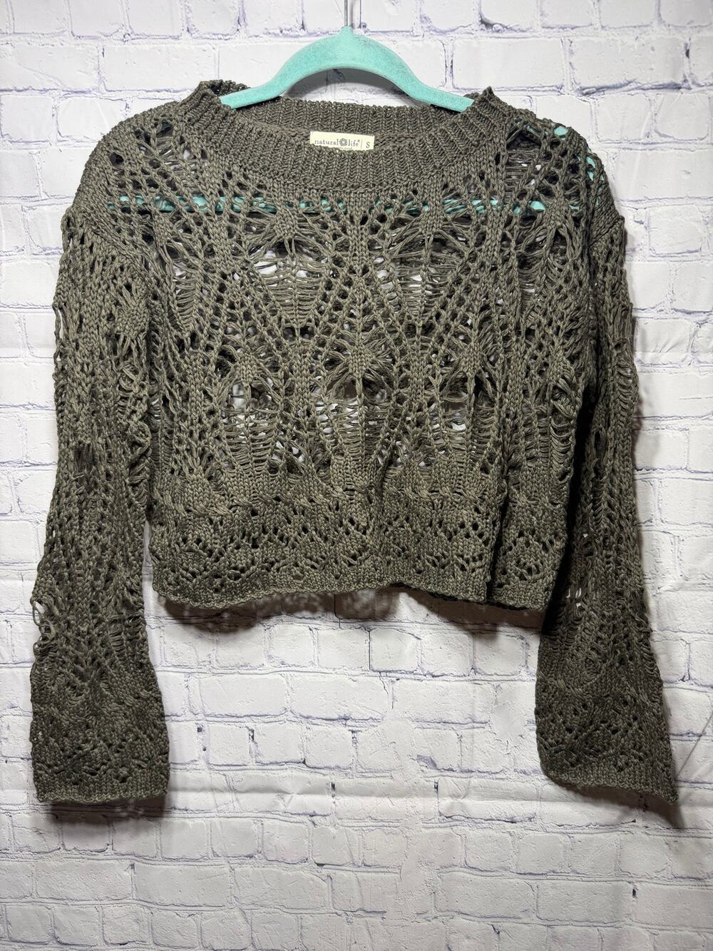 Natural Life Open Weave Crochet Cropped Sweater Olive Green S Boho NWOT